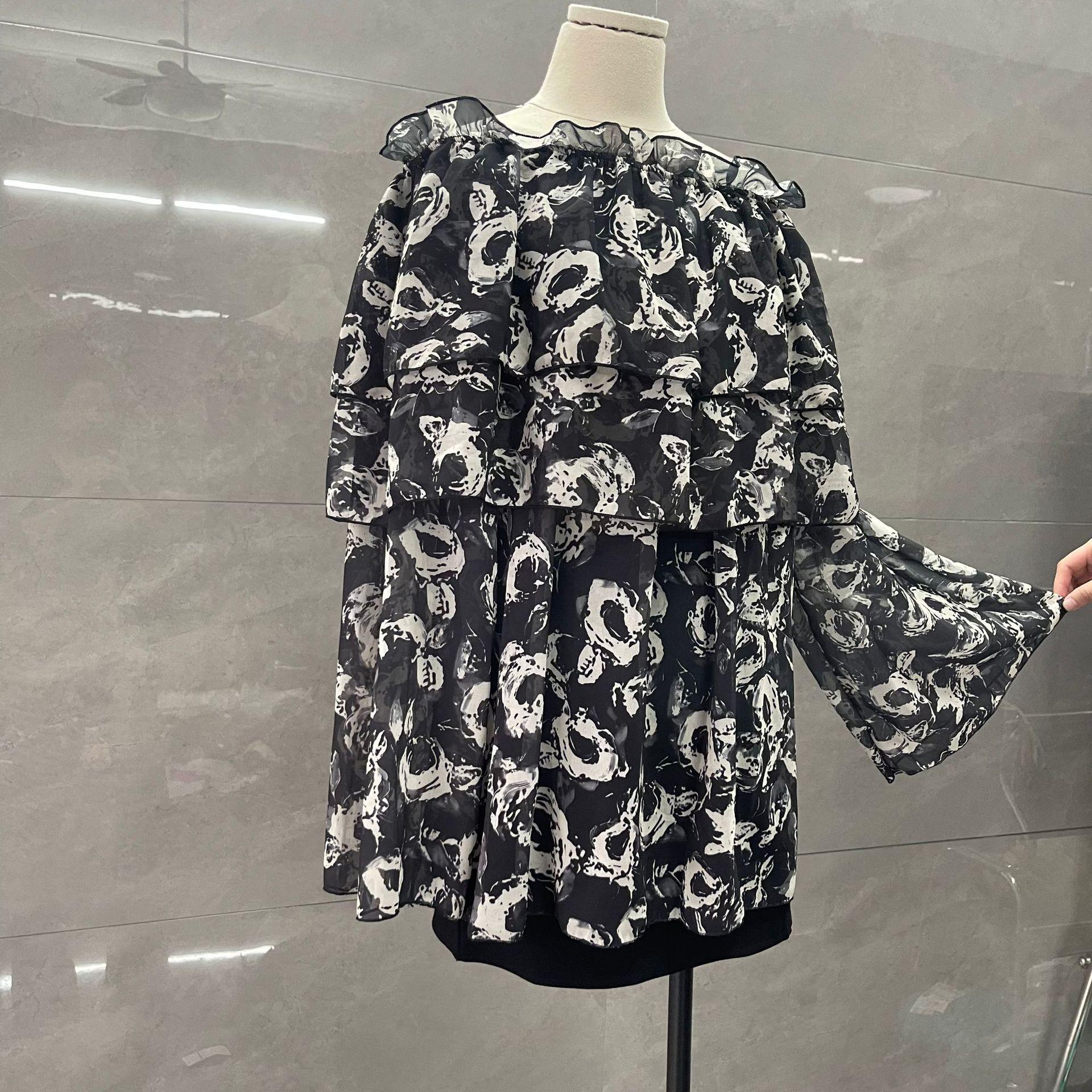 

French High-End Black Off-The-Shoulder Print Long-Sleeve Shirt for Women M for ~105 lbs
