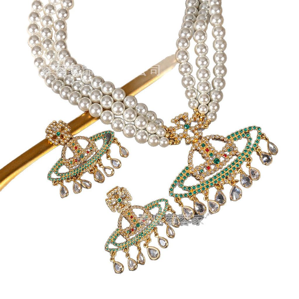 Cross Border Medieval Style Saturn Pearl Necklace Queen Dowager Vivian Waterdrop Tassel Vintage Earrings