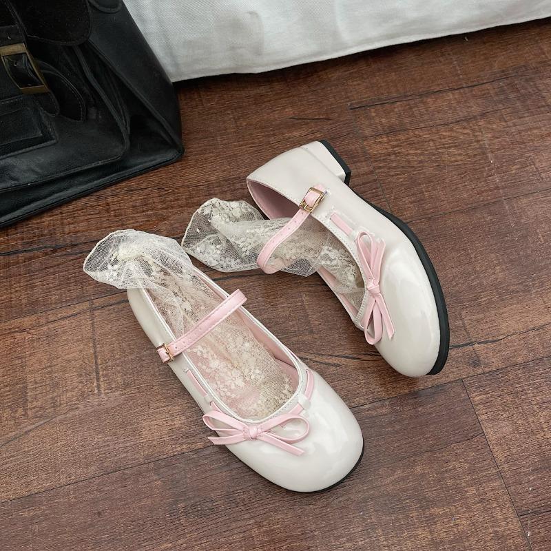 Fashion Cute Lolita Shoes Women Ballet Sneakers Round Toe Bowtie Mary Jane Shoes College Ladies High Heels Elegant Pumps Wedding Shoes