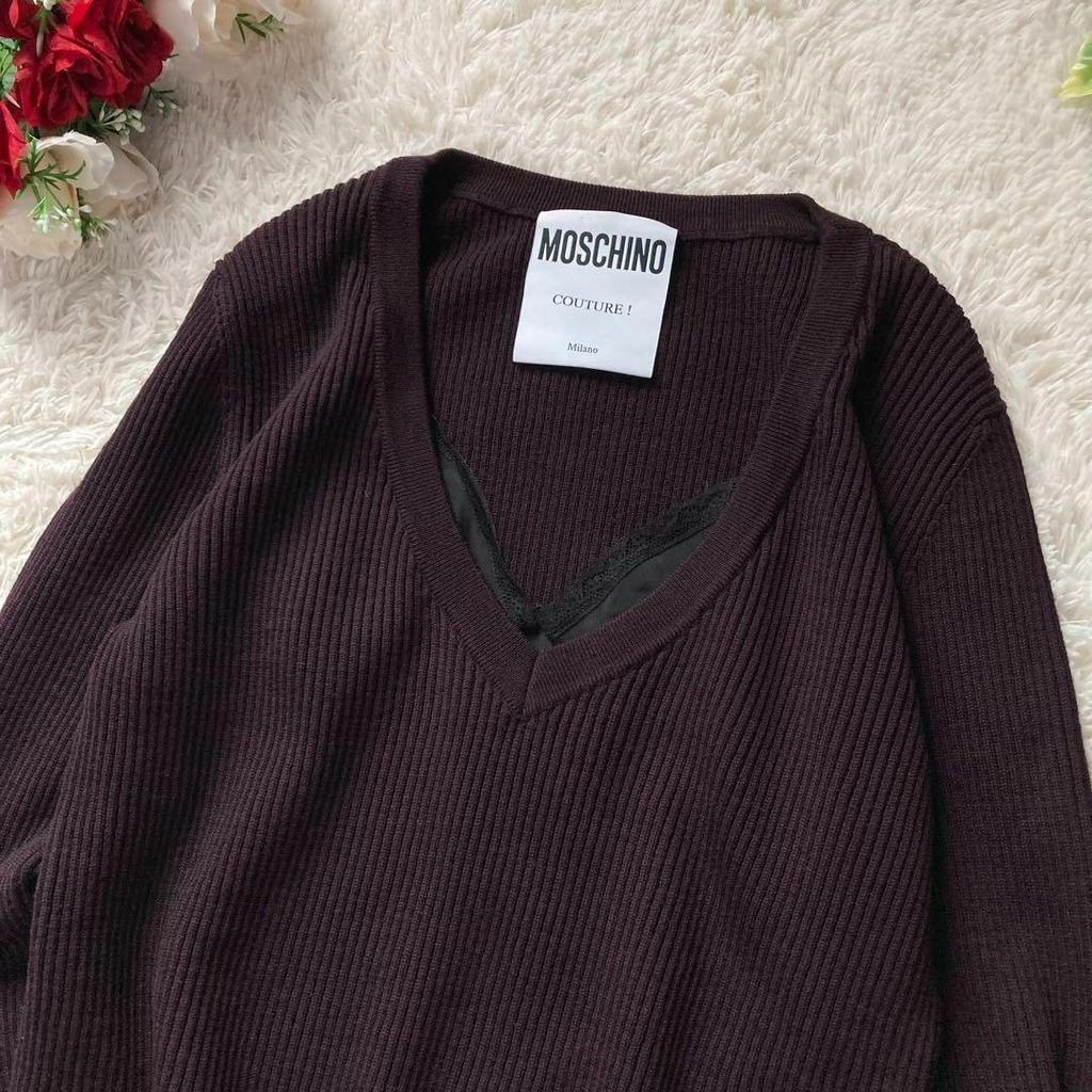 Used MOSCHINO COUTURE Layered style V-neck knit sweater pullover dark purple I38 size MOSCHINO COUTURE