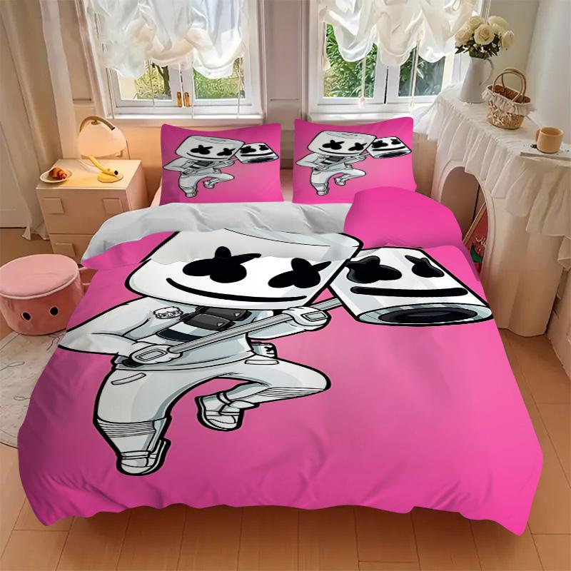 Marshmello Dj Cartoon Illustration Print 3Pcs Bedding Set,Duvet Cover with 2 Bedro,Pillowcase Home Birthday Gift