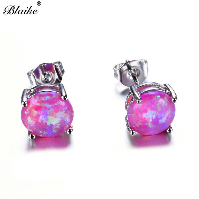 Luxury Jewelry Exquisite 6MM Round White Blue Green Fire Opal Stud Earrings For Women Silver Color Wedding Party Jewelry Gifts