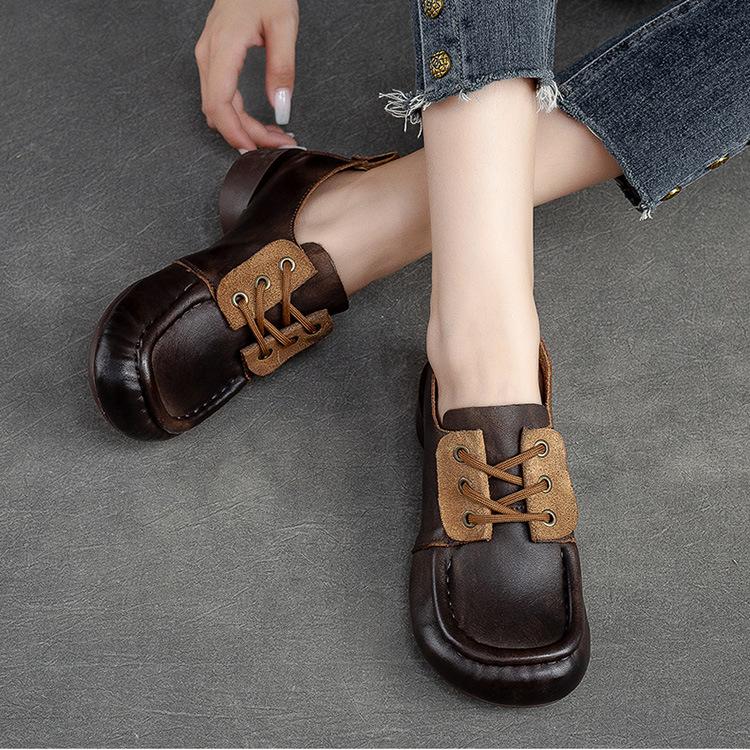 Johnature Genuine Leather Comfortable Women Pumps Retro Handmade Soft Sole Round Toe Versatile Low Heel Shoes