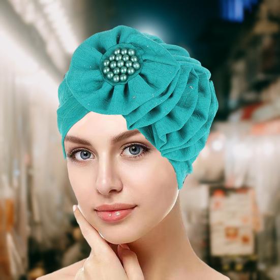 

Женская шляпа с цветочным декором из искусственного жемчуга, многослойная однотонная мягкая дышащая эластичная противоскользящая декоративная индийская шапка, бандана, шапка