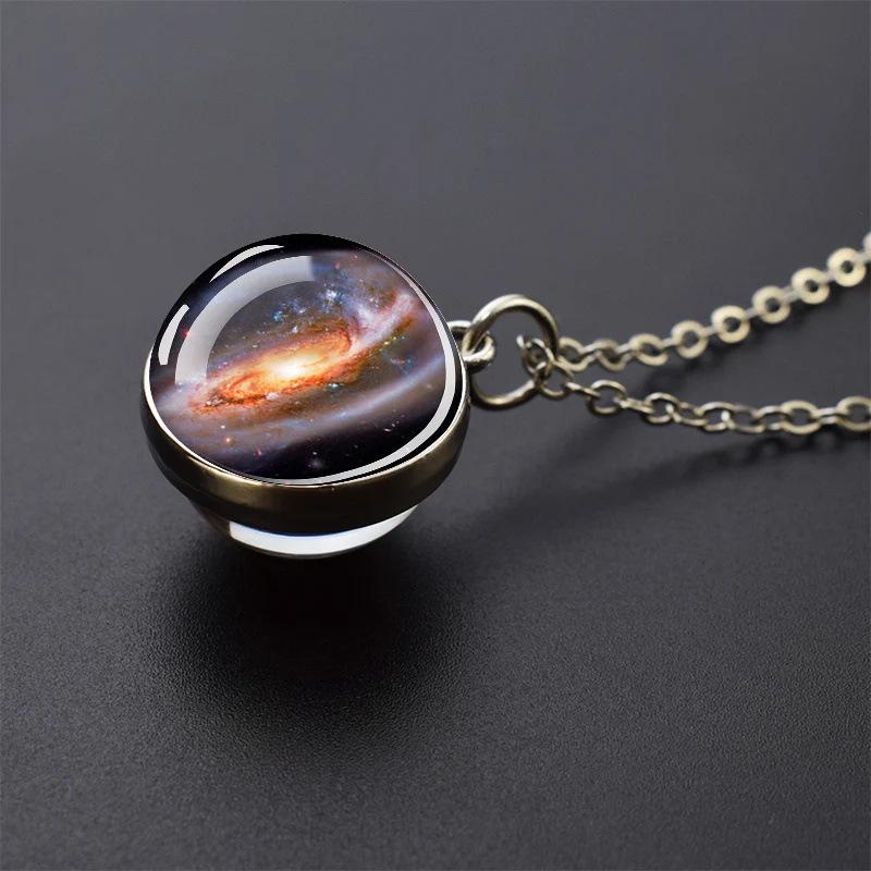 Galaxy Necklace: Solar System Planets & Moon Spherical Crystal Pendant