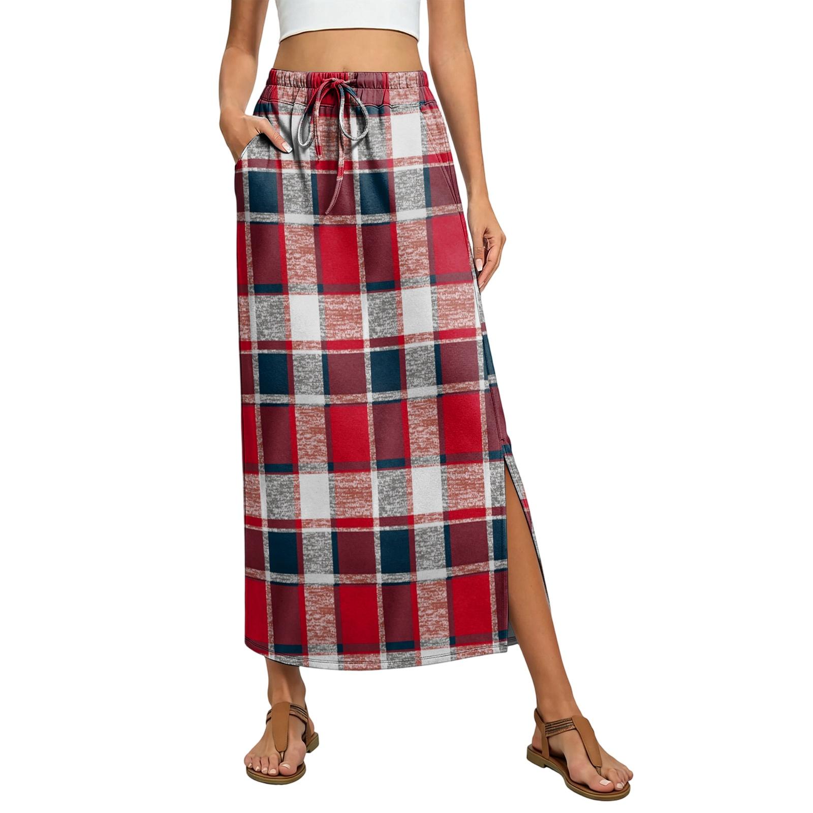 

Ladies plaid elastic waistband drawstring pocket skirt XL червоний