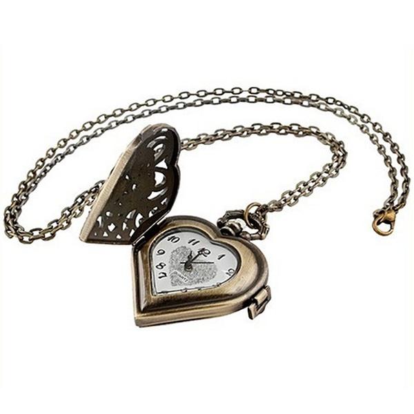 Hollow Heart-Shaped Pocket Watch Necklace Pendant Chain Women