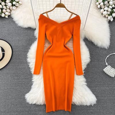 Robe Femme Style Rétro Col V Dos Nu Tricotée Manches Longues Amincissante à la Taille