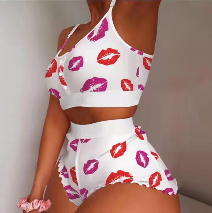 Women's Kawaii Strawberry Print Pajama Set, 2-Piece Cami Crop Top & Shorts, Cute and Sexy Sleepwear for Women