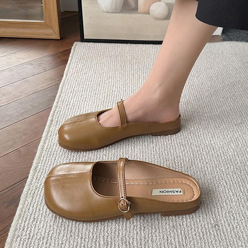 Baotou Half Slippers Women's Summer Wear 2025 Korean Version of Round Head Fashion Niche Soft Leather Flat Bottom Gentle Versatile Grandma Shoes