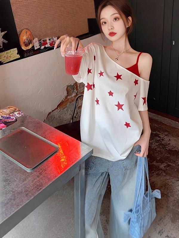 Korean Style Star Print One-Shoulder Camisole Patchwork T-Shirt - Women’s Loose Summer Top