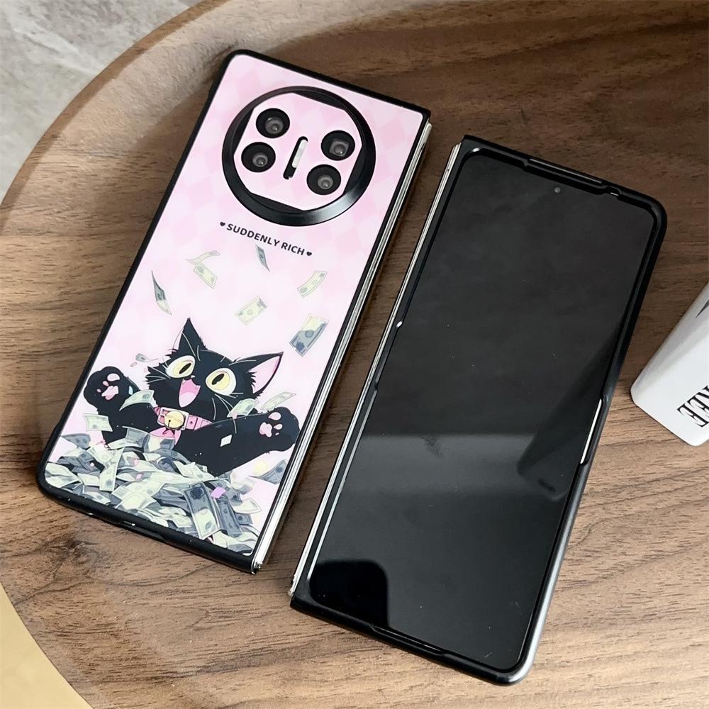 Black Cat and Pink Dragon Retro Happy Magnetic Case for Huawei MateX3/X5, Folding and Protective Cover for Women