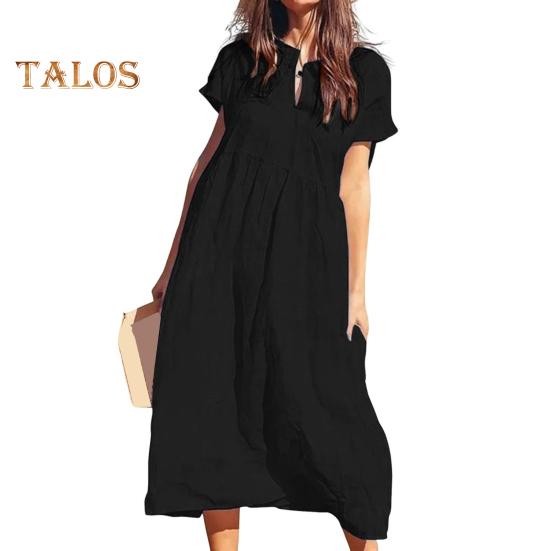 Women's Cotton Linen Maxi Dress Casual Short Sleeve V-Neck Sundress Loose Beach Pleated Long Dress for Summer Vacation