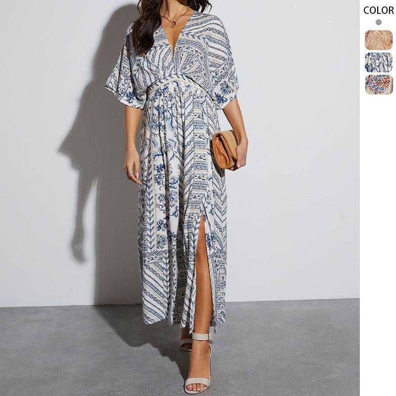 Womens V-Neck Long Dress Floral Print Short Sleeve A-Line Casual