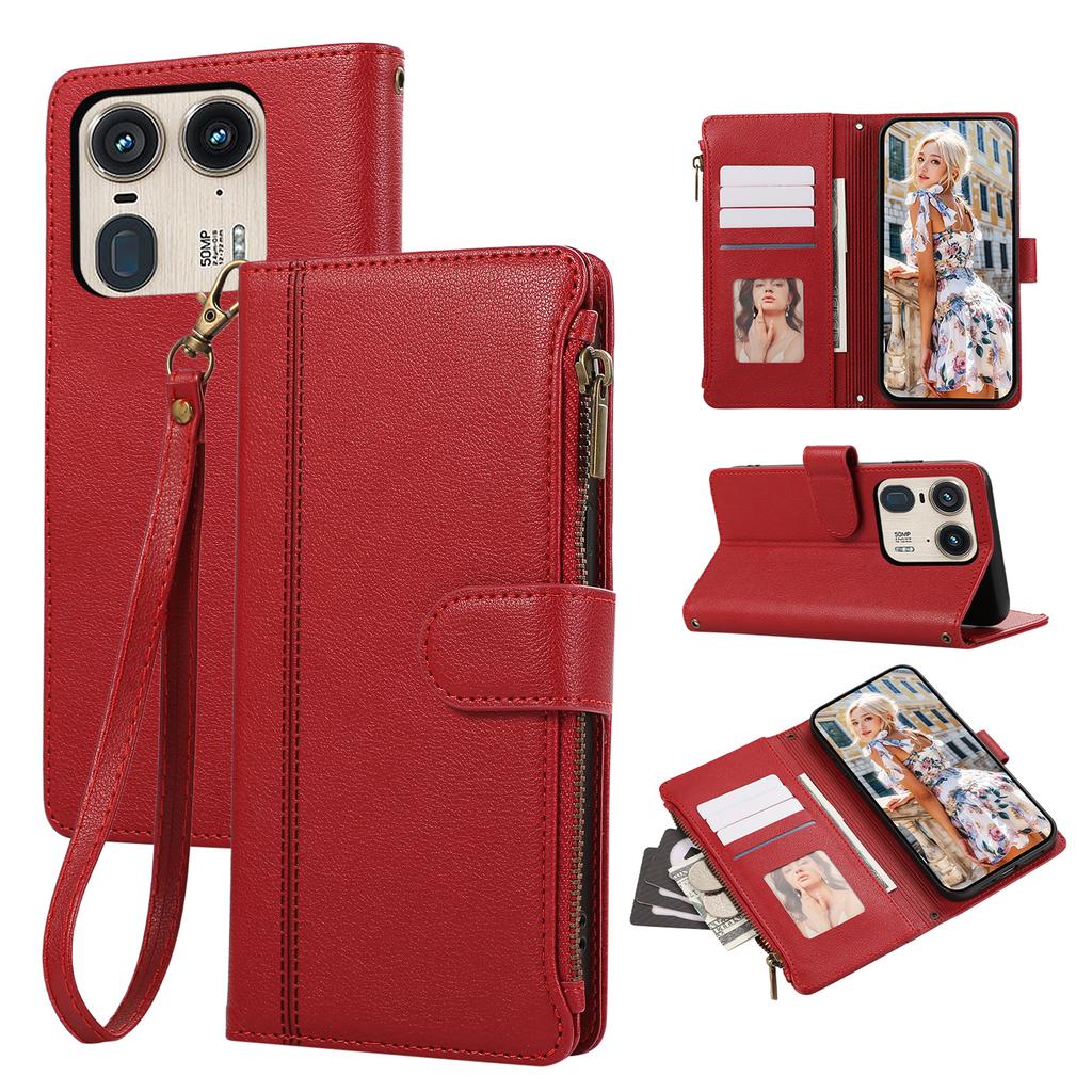 For Motorola Edge 50 Ultra 5G Case Multi Card Slots Zipper Leather Phone Cover with Wrist Strap