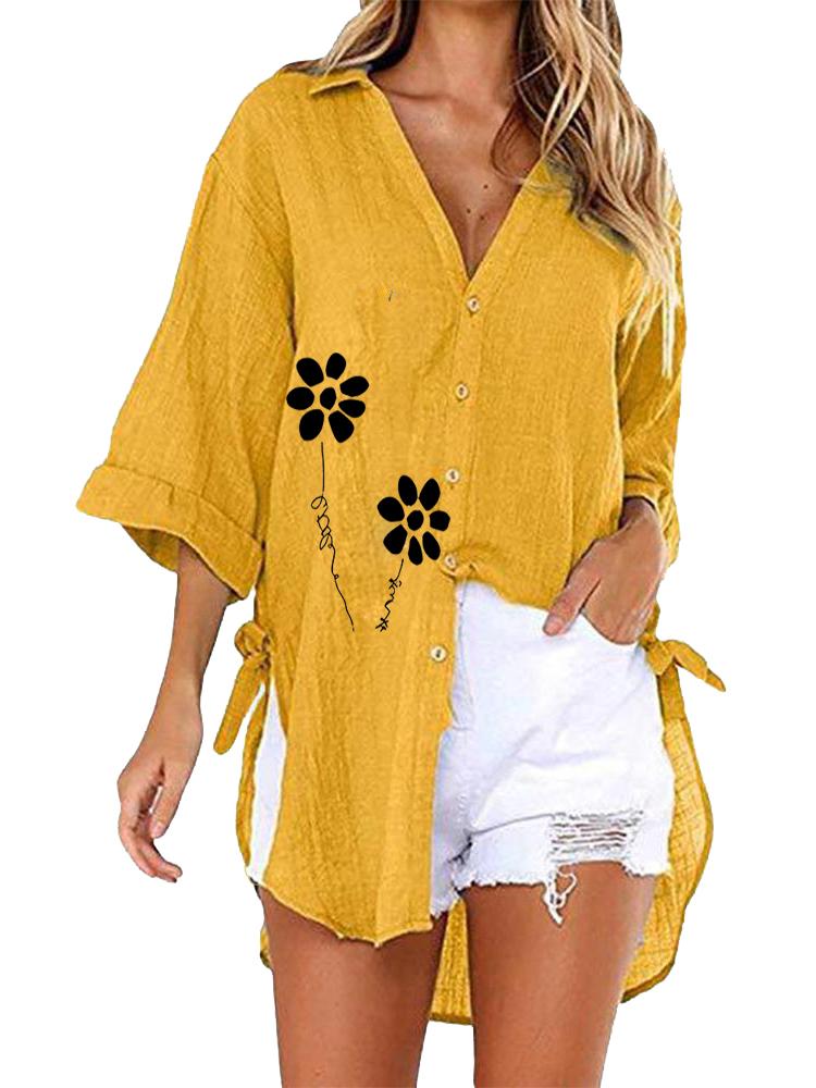 

Women Fashion Half Sleeve Blouse Casual Floral Print Top Ladies V Collar Loose Long T-shirt 5XL жёлтый