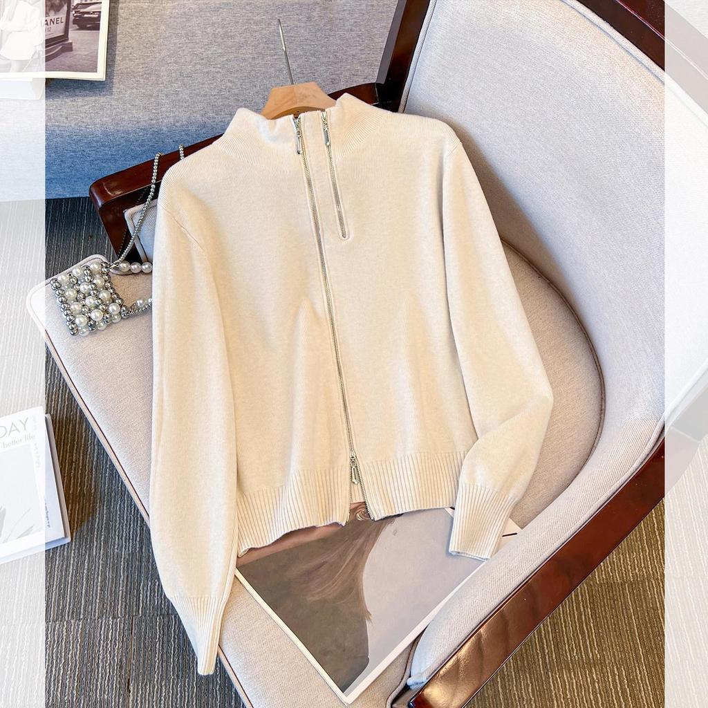 Cardigan en maille zippé couleur abricot pour femme avec col montant - Haut d'extérieur d'hiver élégant à manches longues