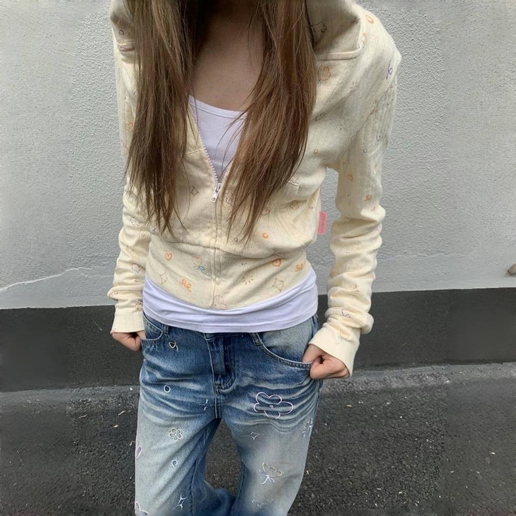 VAYLA Süße Sweatshirts mit floralem Print, neue Slim-Fit-Oberteile für Damen, Y2k Grunge, langärmlige Cardigan-Jacken mit Reißverschluss