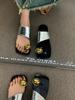 Square head metal buckle toe slippers women's summer wear flat bottom thin personality set toe Roman sandals women's shoes