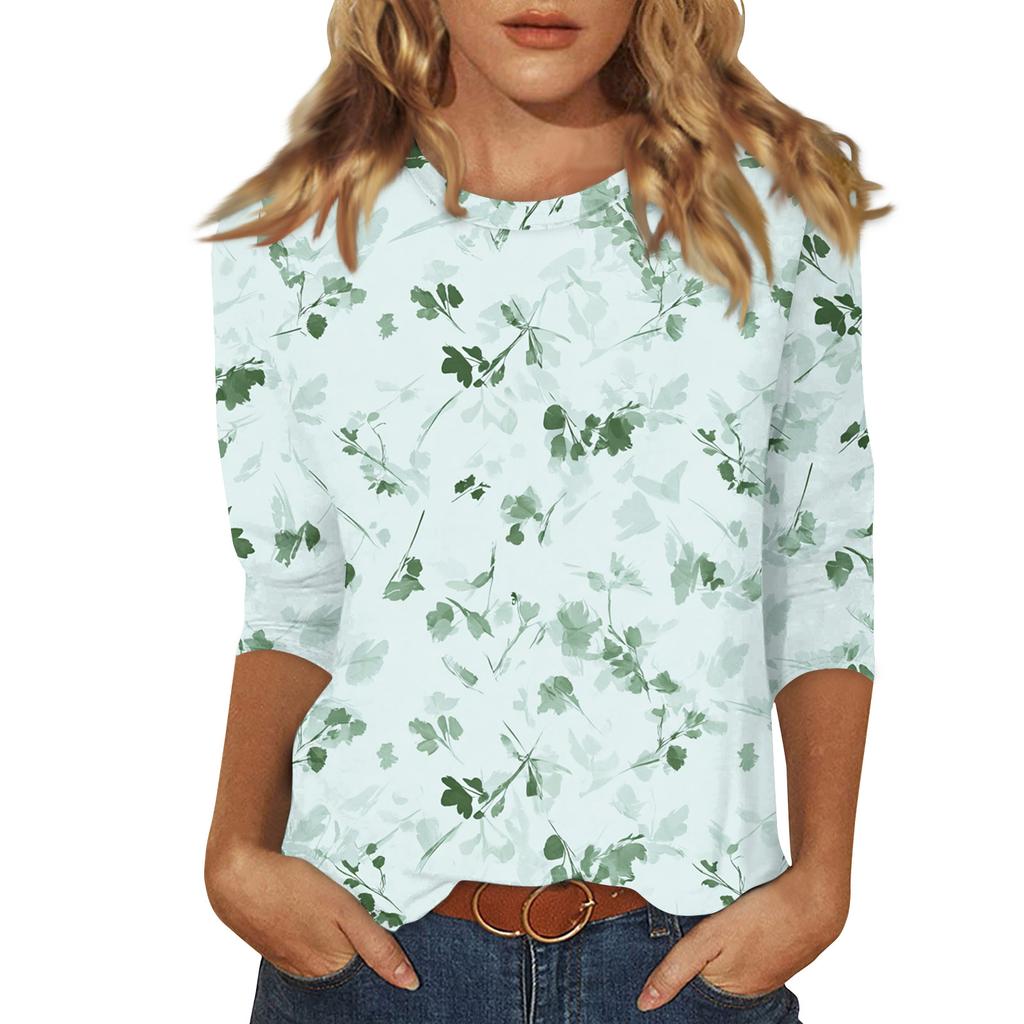 Women's Fashionable Casual Three Quarter Sleeve Printed Round Neck Top