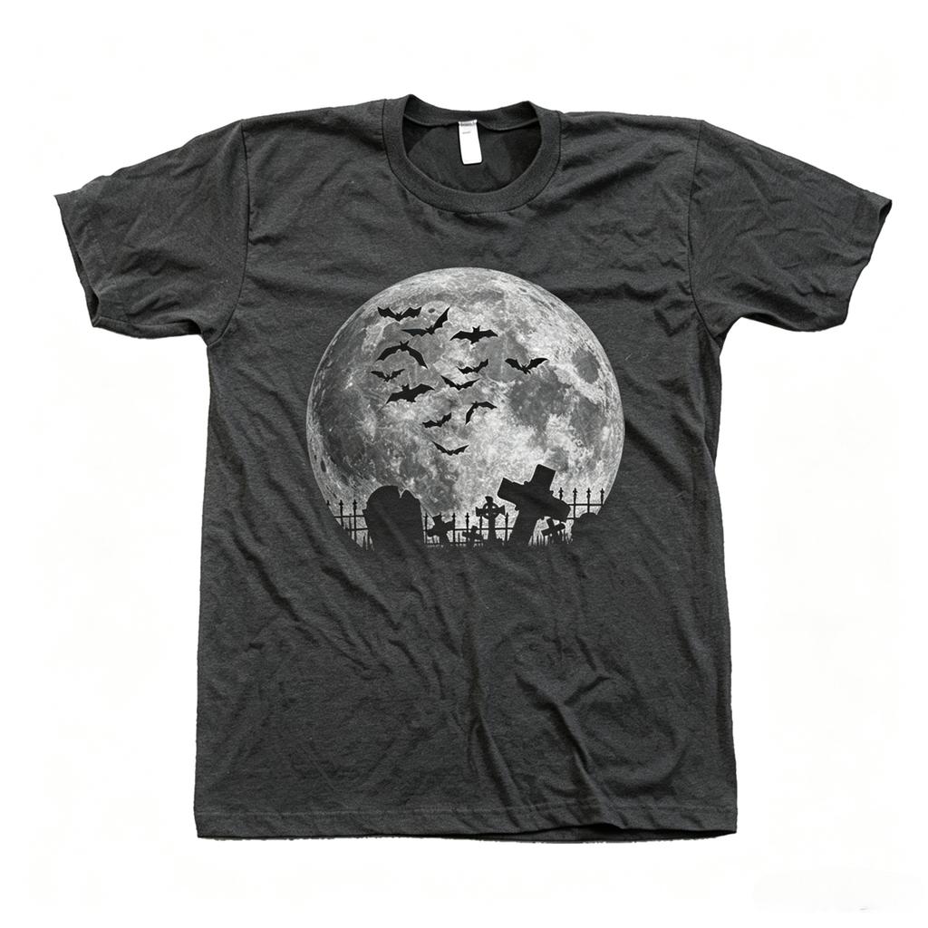 Full Moon Halloween TShirt Bats Graveyard Screen Print Retro Streetwear HighQuality CrewNeck ShortSleeved Unisexs TShirt