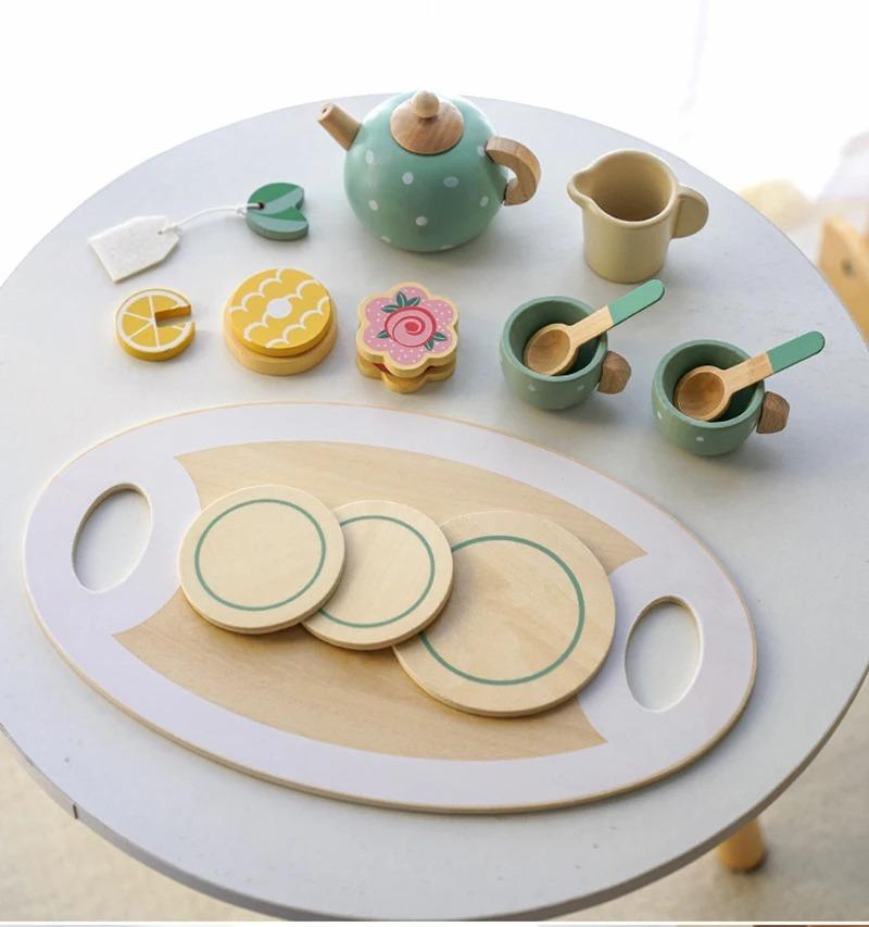 Wooden Tea Set Toys Pretend Play Kitchen Accessories for Kids Food Afternoon Tea Role Play Game for Toddlers Girls Boys Gifts