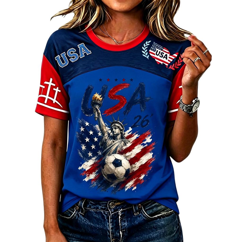Women’s Casual Short Sleeve Pullover Crewneck Top with Soccer Graphic and USA Letter Print for Everyday Wear