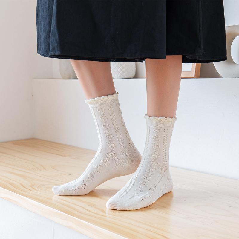 Womens Socks Ruffle Turn-Cuff Mid Cut Ankle Crew Socks All Season Soft Knit Cotton Socks Solid Color Lettuce Dress Sock