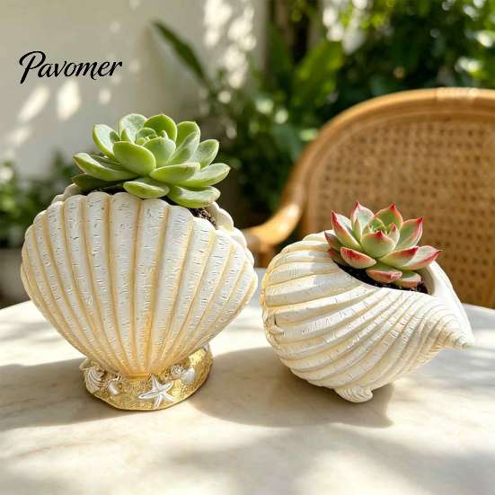 Small Decorative Indoor Planter Seashell Conch Succulents Planter, Resin Ocean-Themed Flower Pot with Drainage Hole, Wedding Table Centerpieces Beach