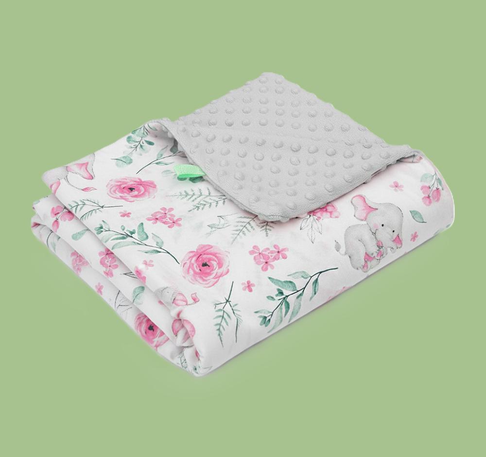 Blanket, Plaid, MINKY 75x100 (ash + Small Pink Elephants)