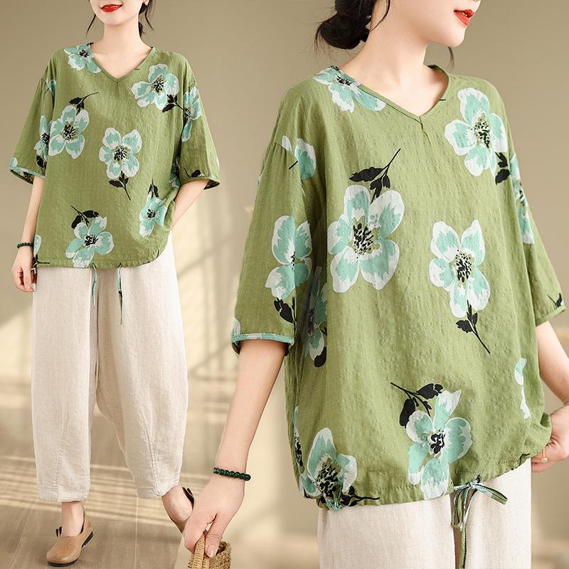 Summer Printed Short-sleeved T-shirt V-neck Cotton and Linen Loose Large-size Women's Top T-shirt Cotton and Linen Shirt