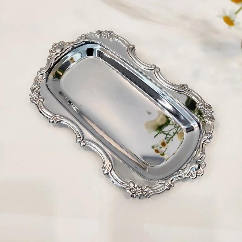 

Vintage Embossed Stainless Steel Tray Serving Platter for Desserts Jewelry Storage Organizer Snack Plate For Dining Table Decor срібний