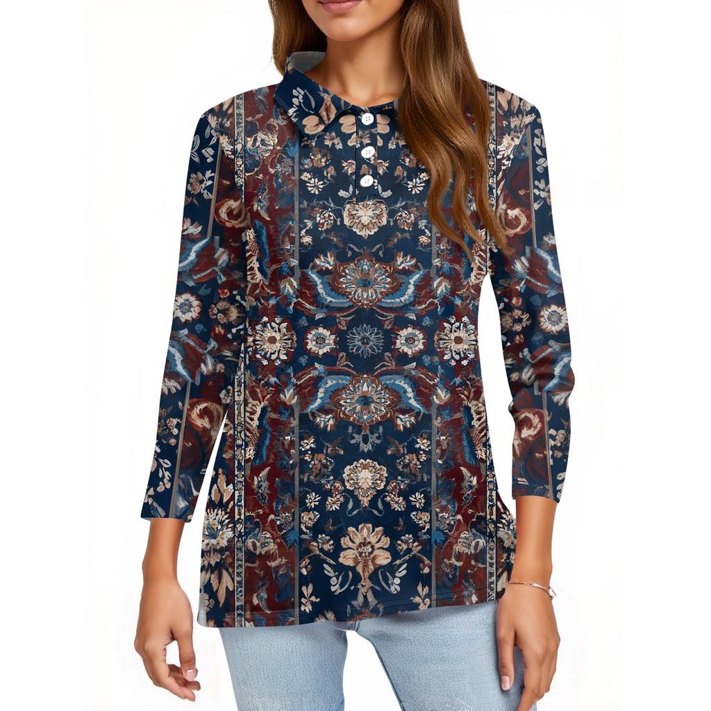 Women's Fashion Casual Lapel Short 3/4 Sleeve Print Shirt Women's Button Up Tops