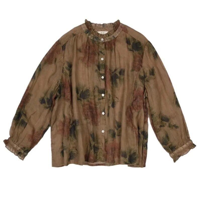 Johnature Women Print Floral Shirts Tops Ramie Stand Long Sleeve Button Autumn Blouses High Quality Vintage Shirts