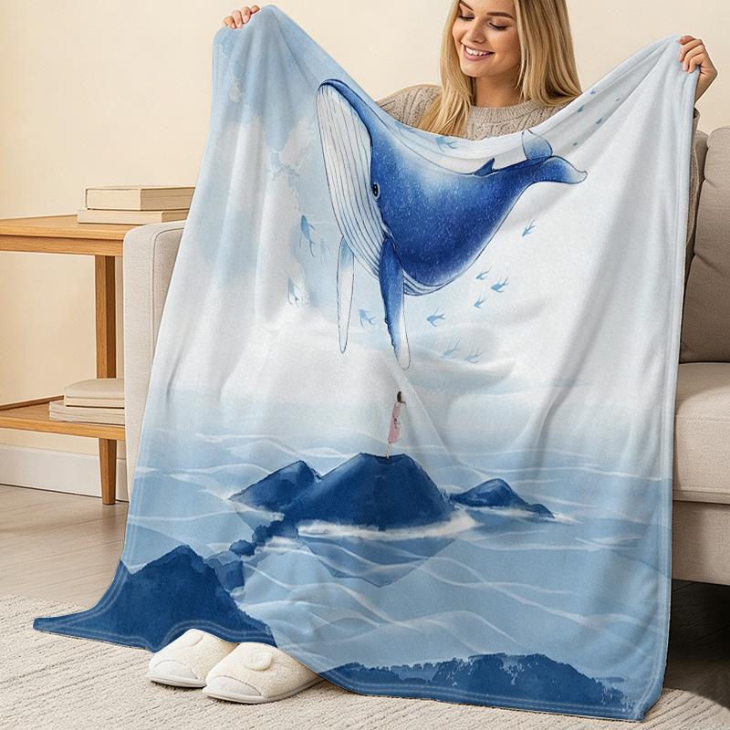 Whale Print Flannel Throw Blanket Soft, Lightweight, Cozy Warm Blanket for Home, Couch Naps, Window Sill Decor, Christmas & Halloween