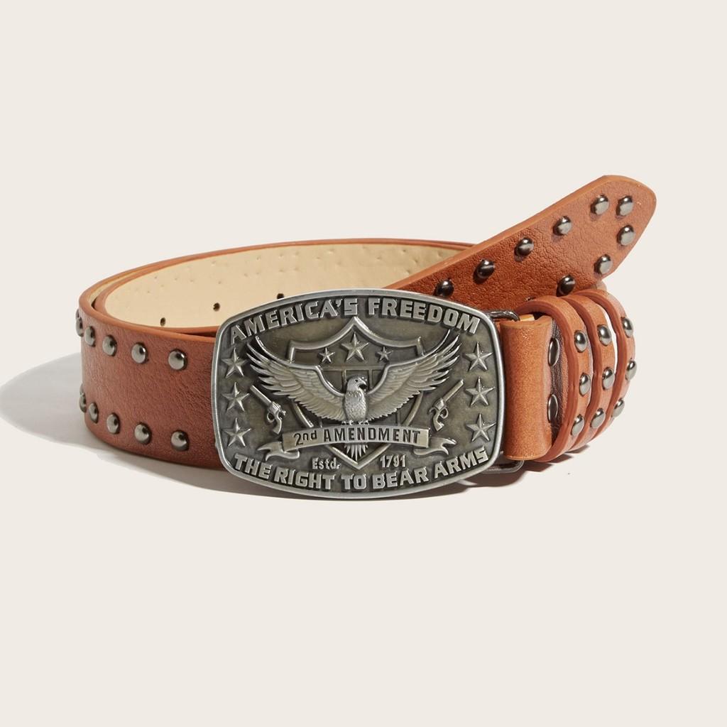Decor Rivet Leather Punk Belt With Alloy Buckle And Eagle Pattern Casual For