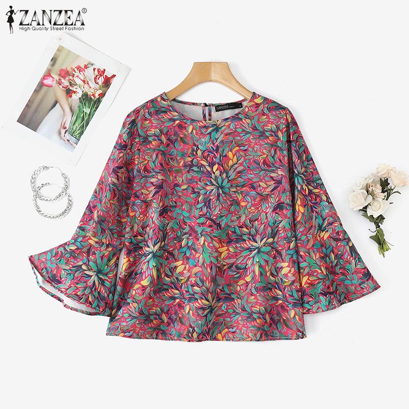 ZANZEA Women Loose Round Neck 3/4 Sleeve Casual Print Blouse