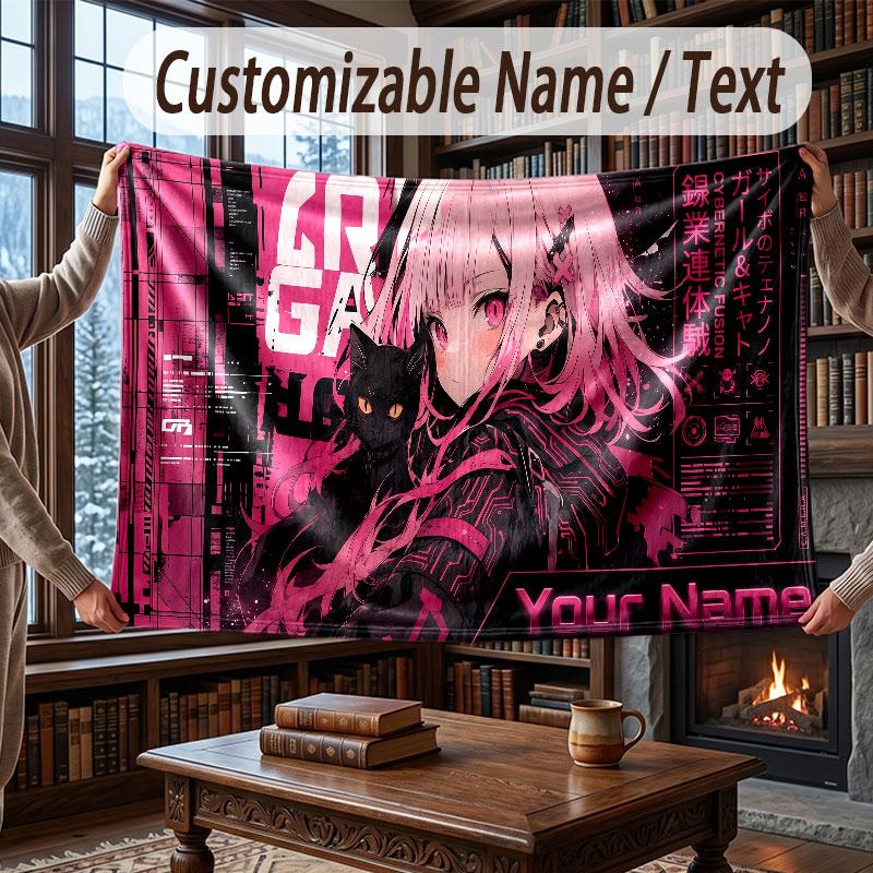 City Cyberpunk Theme Throw Blanket Custom Name Text Personalized Blanket Soft Cozy Blanket for Home Sofa Bed