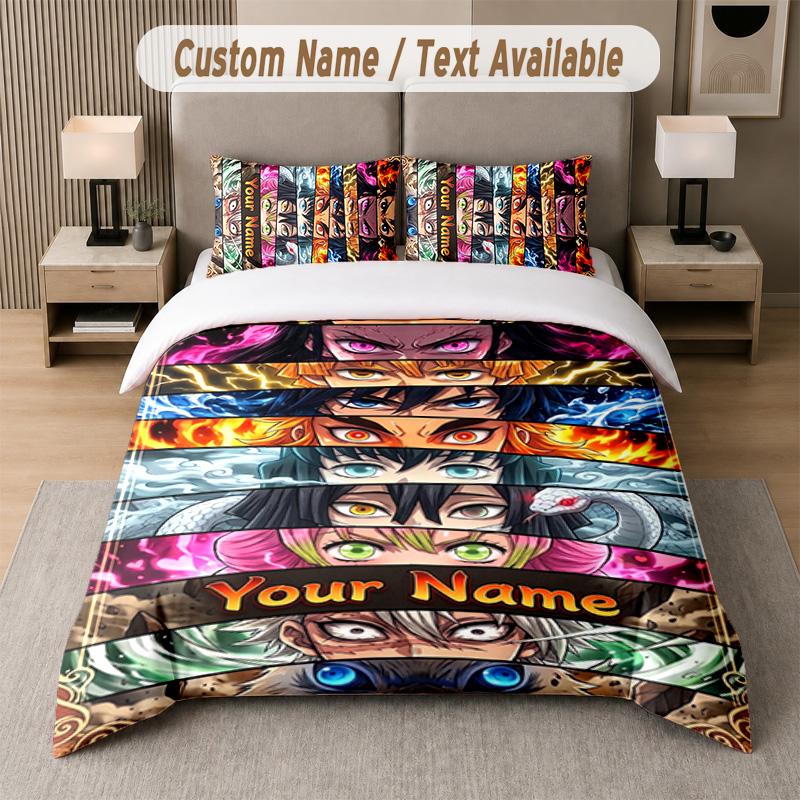 Demon Slayer 3Pcs Bedding Set, Personalized Custom Name Text, 1 Duvet Cover & 2 Pillowcases For Bedroom