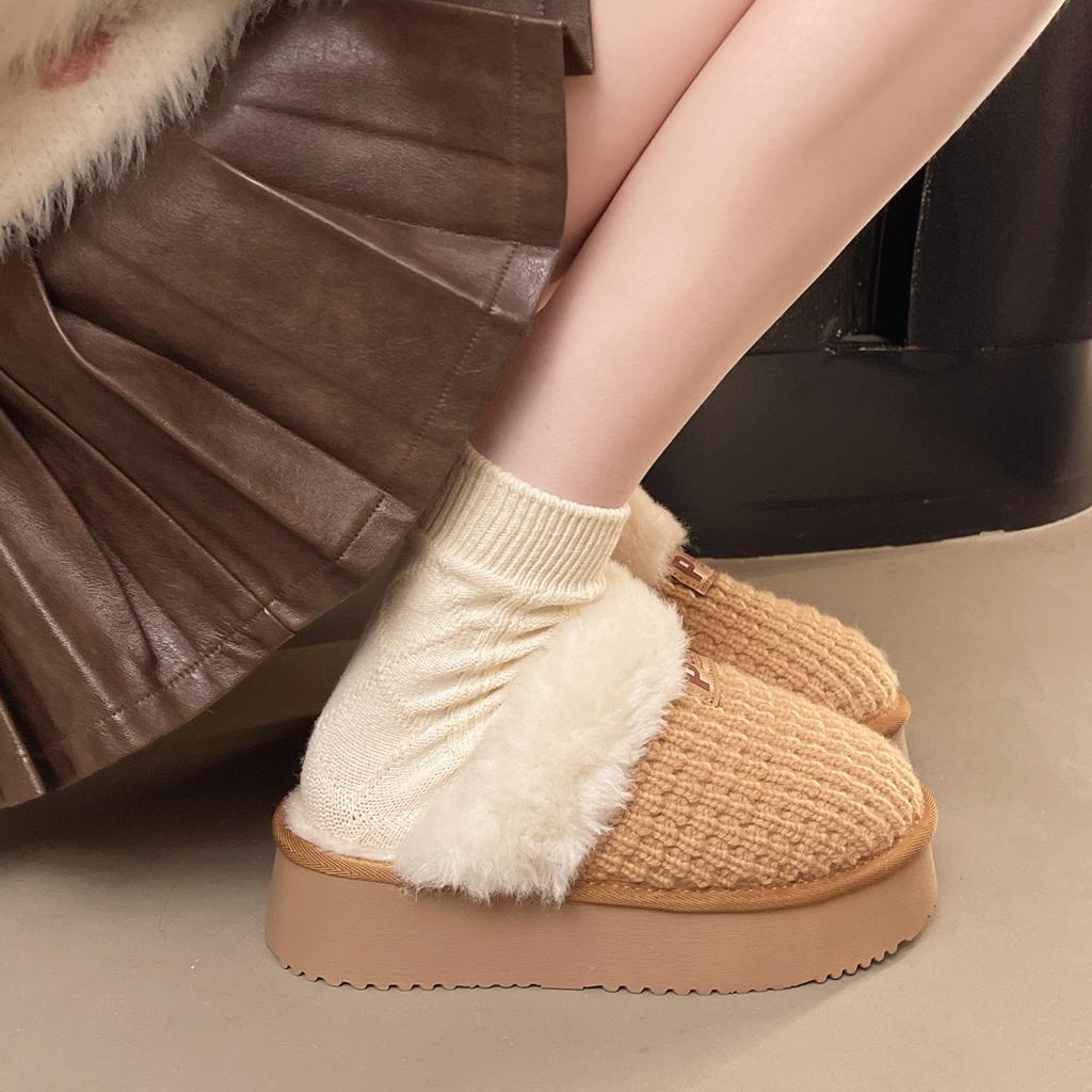 Women's winter fur mouth fur one thickened padded warm cold lightweight hiking home cushioning waterproof non-slip sports snow boots cotton slippers