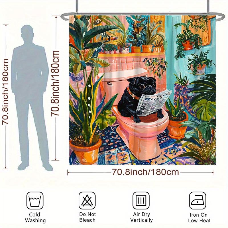 1pc Whimsical Black Pug Shower Curtain - Pink Background, Tropical Jungle Plants, Polyester, 70.8x70.8In, 12 Hooks, Washable