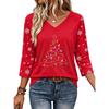Women's V Neck 3/4 Sleeve Christmas Print Pullover Top Casual Holiday Shirt