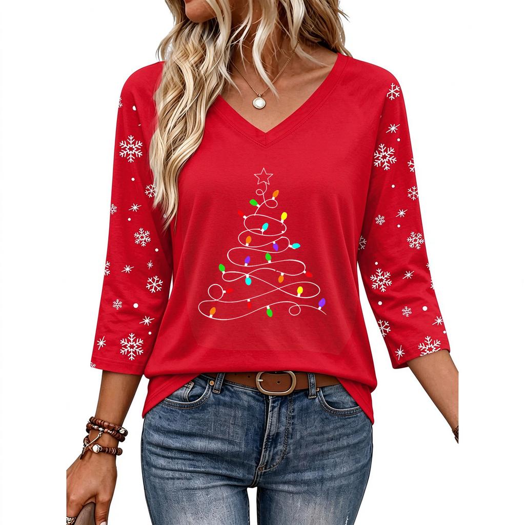 Women's V Neck 3/4 Sleeve Christmas Print Pullover Top Casual Holiday Shirt