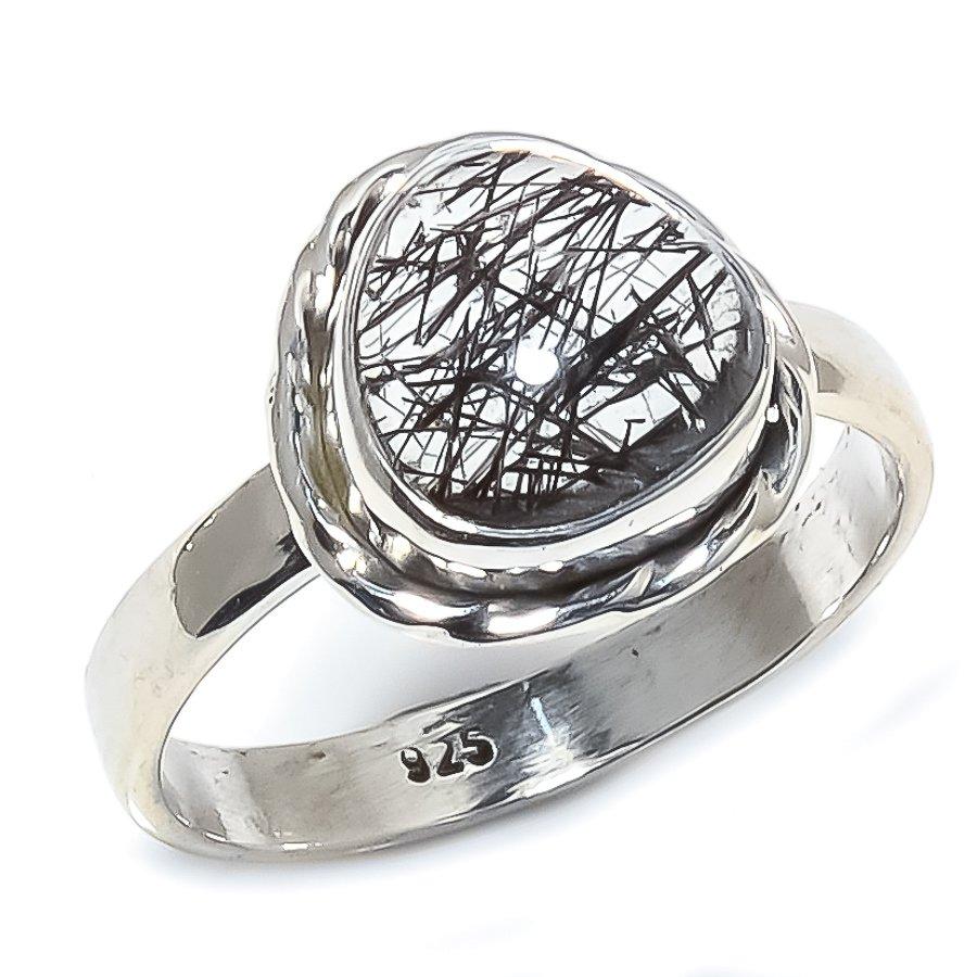 Natural Black Rutile Gemstone Handmade 925 Sterling Silver Jewelry Ring S.7 S6q61