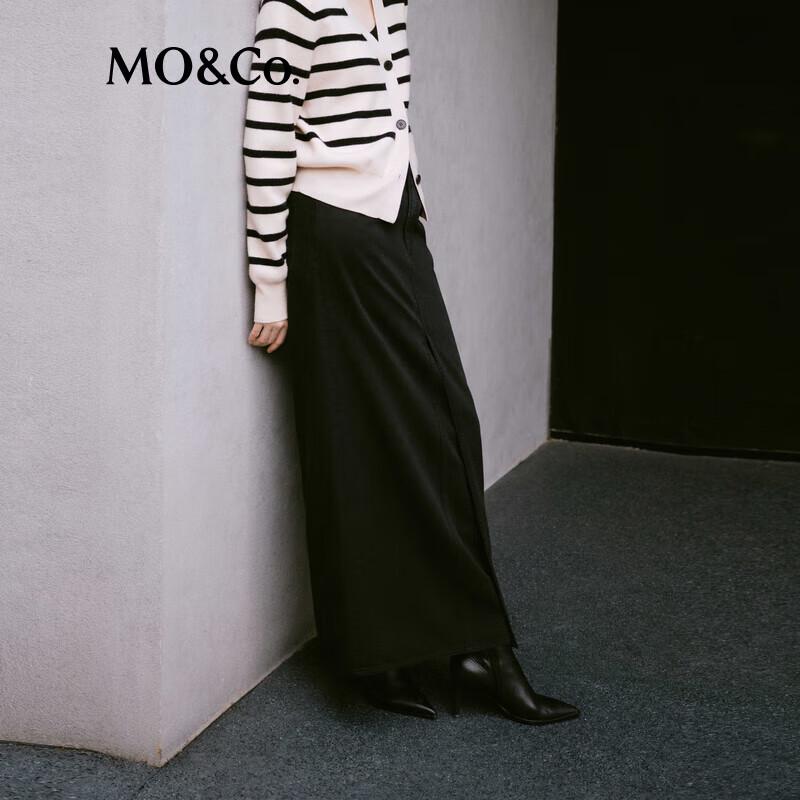 MO&Co. 2024 Autumn High-Waist Overlap Slit Straight Denim Skirt