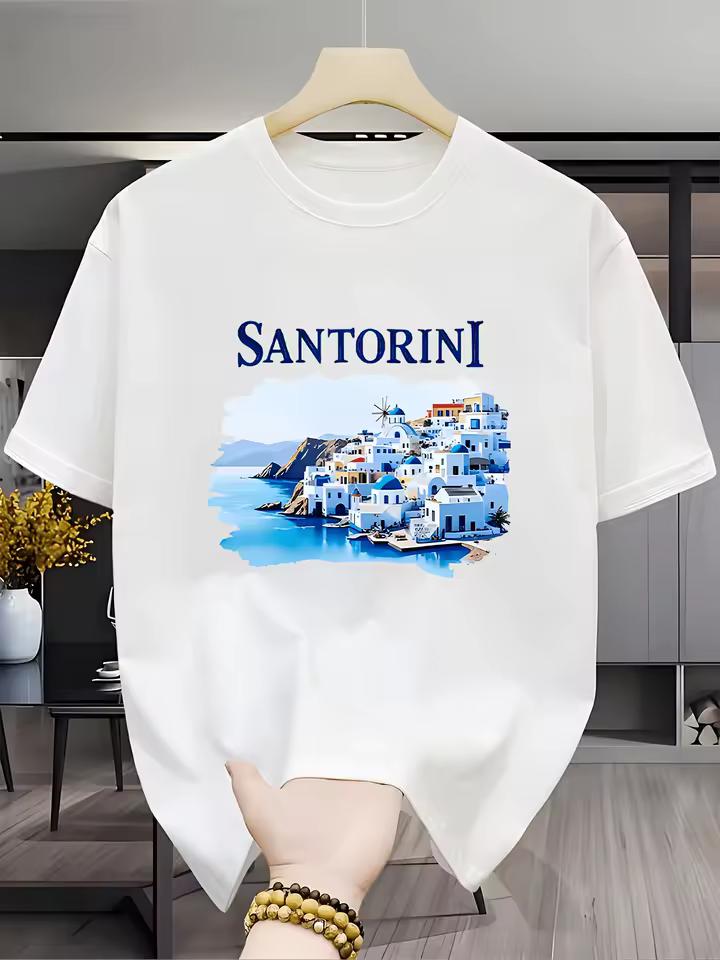 Vintage Santorini Greece Landscape T Shirt Summer Holiday Travel Souvenir Tee Casual Short Sleeve Fashion Top For Women Men
