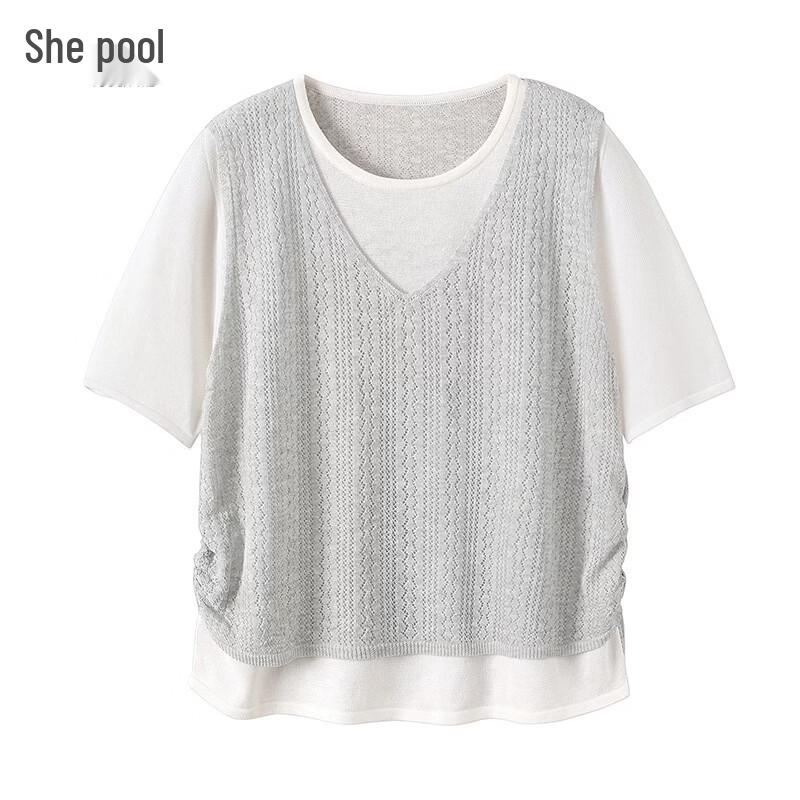 She Chi Women s Faux Two-Piece Lyocell Linen Short Sleeve T-shirt M