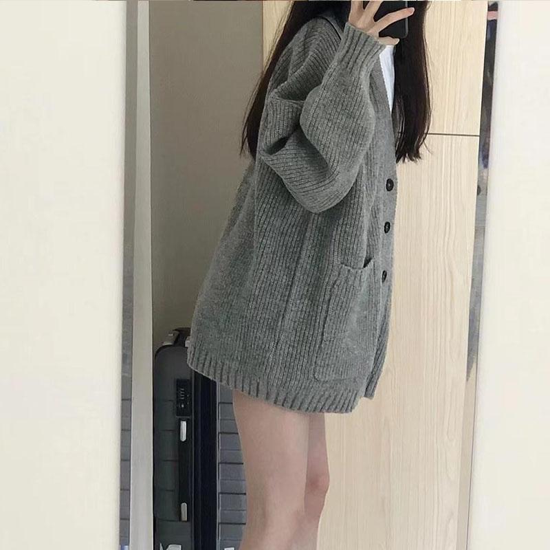 Autumn/Winter College Style Sweater Cardigan Female Student Korean Loose V-neck Versatile Solid Knitted Coat Sweater Cardigan