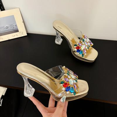 Summer Fashion Ladies Waterproof Platform Colored Rhinestone Crystal Heel High Heel Slippers Women Party Dancing Shoes