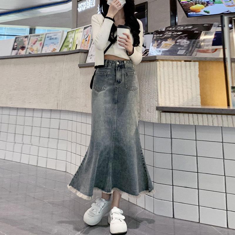 Elegant Vintage Women Raw Edge Mid-Length Skirt High Waist Slim A-line Fishtail Package Hip Summer Versatile Comfortable Fashion Denim Bustier Skirt